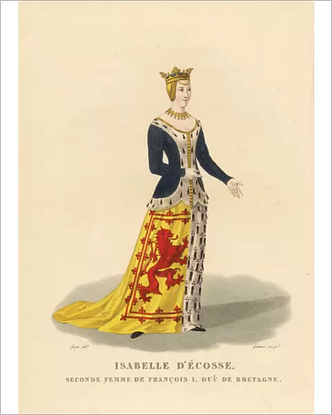 Isabella Stewart, Isabel of Scotland, second wife of Francis I, Duke of Brittany. In armorial robe with coat of arms of Scotland (red lion rampant with double brressure) and Brittany (ermine)