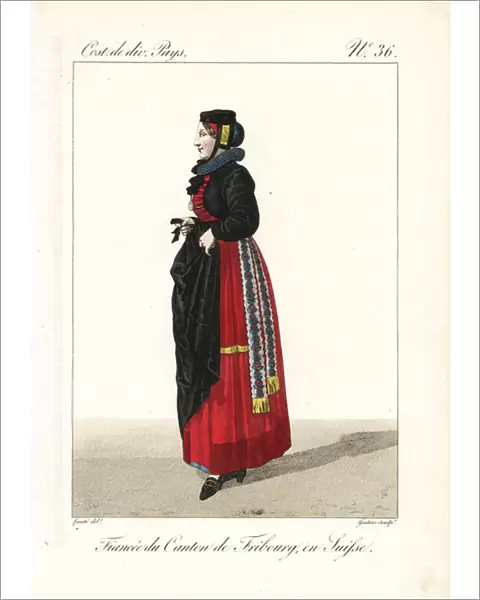 Betrothed girl of the Canton of Fribourg, Switzerland, 19th century. She wears an elegant toque, ruff, jacket, black apron and strawberry petticoats. Handcoloured copperplate engraving by Georges Jacques Gatine after an illustration by Louis Marie