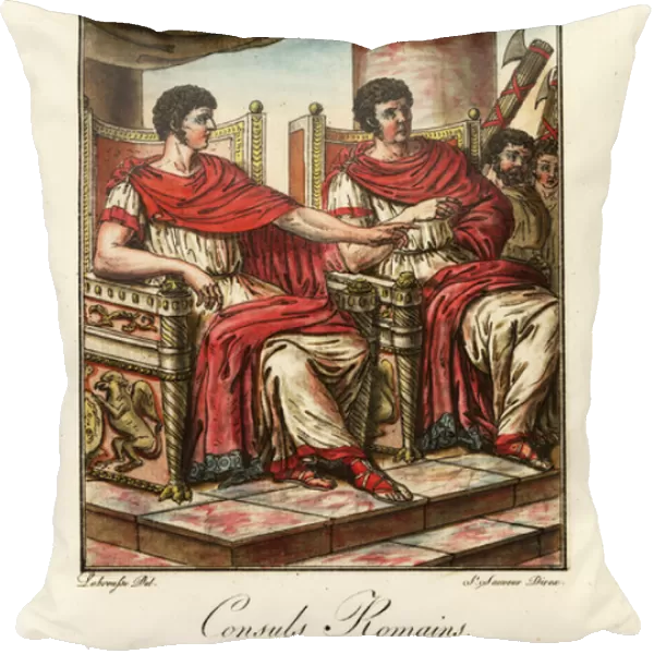 Two Roman consuls seated on thrones in ancient Rome. 1796 (engraving)
