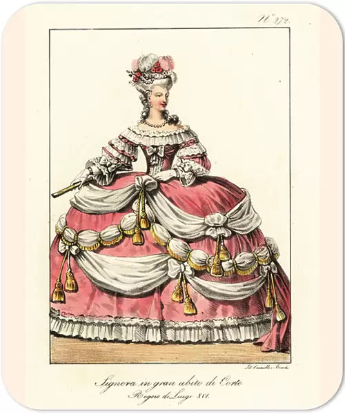 French noble woman in formal dress at the court of King Louis XV 1825 (lithograph)