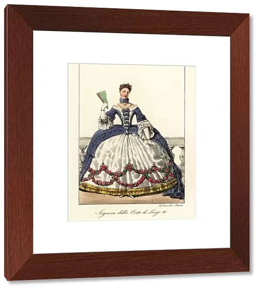 Costume of a noble woman at the court of King Louis XV, mid-18th 1825 (lithograph)