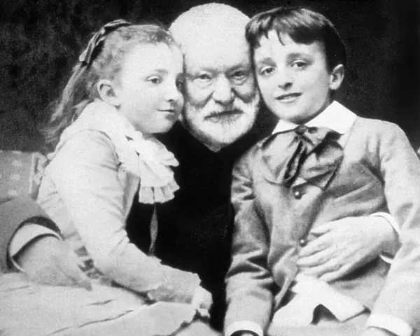 French writer Victor Hugo with his Grandchildren Jeanne and Georges, 1859 (b  /  w photo)