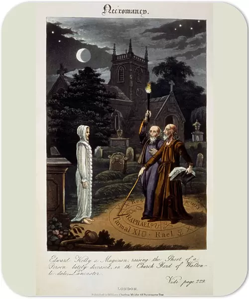 Necromancy: Edward Kelly, a magician, raising the Ghost of a Person lately deceased, in the Church Yard of Walton-le-dale, Lancaster, from The Astrologer of the Nineteenth Century by Robert Cross, 1825 (hand-coloured etching & aquatint)