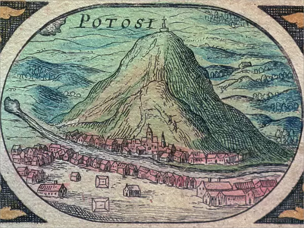 View of the city of Potosi, Bolivia, with its famous hill renowned for its mineral deposits, especially silver and tin, from the Nouvel Atlas, 1643 (engraving)