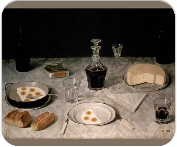 Still Life with Eggs, Bread, Cheese and Wine (oil on canvas)