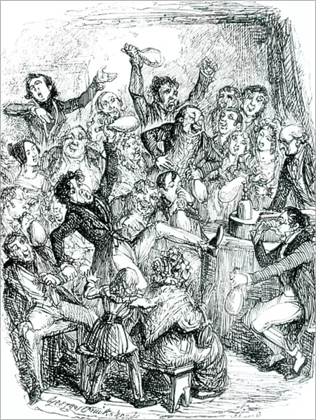 The audience at a lecture enjoying the effects of laughing gas (nitrous oxide). Illustration by George Cruikshank for John Scoffern Chemistry No Mystery: or, a Lecturers Bequest, London, 1834