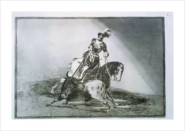 Charles V, Holy Roman Emperor and King of Spain as Charles I (1500-58) spearing a bull in the ring at Valladolid, plate 10 of The Art of Bullfighting, pub. 1816 (etching)