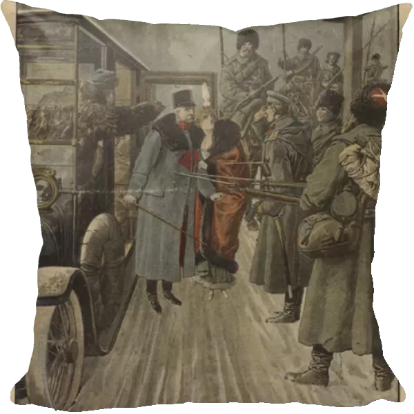 The driver of Austrian General Skarbonovitch delivering the general and his wife into the captivity of the Russians in revenge for being repeatedly beaten by him, World War I, 1916 (colour litho)