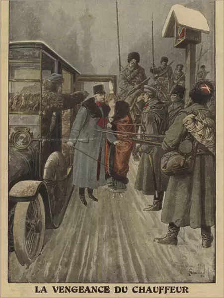 The driver of Austrian General Skarbonovitch delivering the general and his wife into the captivity of the Russians in revenge for being repeatedly beaten by him, World War I, 1916 (colour litho)