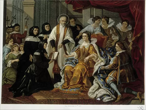 Saint Vincent de Paul presents to Anne of Austria the first Daughters of Charity (also called 'Sisters of Saint Vincent de Paul') - from a painting of the 18th century