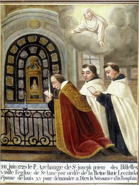 Fr Archangel of St Joseph, Prior of the Billettes, visits the church of Saint Anne by order of Queen Mary Leszczynska, wife of Louis XV to ask God for the birth of a dolphin, 28 June 1729 - Ex-Voto Sainte Anne d Auray