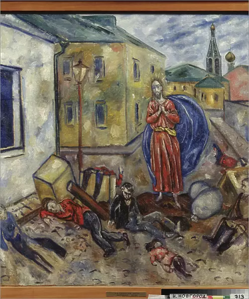 Barricade (Le Christ apparait pres des corps d'enfants morts et blesses gisant dans la rue, derrieres les restes d'une barricade de mobilier) - Peinture de Nikolai Vladimirovich Sinezubov (Nicolas Sinezouboff) (1891-1956), huile sur toile