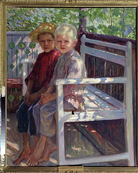 Enfants (Children). Deux enfants, l'un aux cheveux blonds, l'autre aux cheveux bruns, assis les pieds nus sur un banc au soleil. Peinture de Nikolai Petrovich Bogdanov Belsky (Bogdanov-Belsky) (Bogdanov Belski) (Bogdanov-Belski) (1868-1945)