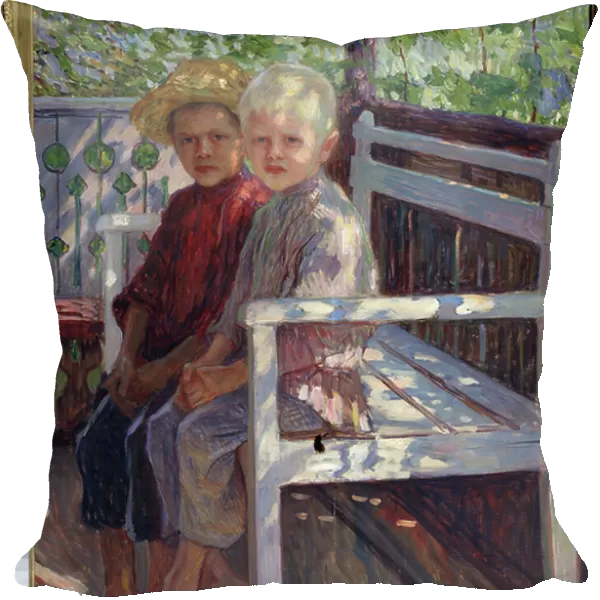 Enfants (Children). Deux enfants, l'un aux cheveux blonds, l'autre aux cheveux bruns, assis les pieds nus sur un banc au soleil. Peinture de Nikolai Petrovich Bogdanov Belsky (Bogdanov-Belsky) (Bogdanov Belski) (Bogdanov-Belski) (1868-1945)