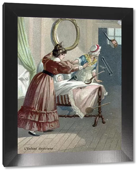 Paranormal activity: a newborn moving objects by levitation (poltergeist or telekinesis) Chromolithography of the end of the 19th century Private collection