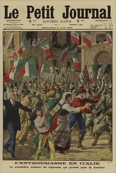Crowds cheering regiments of Italian soldiers on their way to the front line, World War I, 1915 (colour litho)
