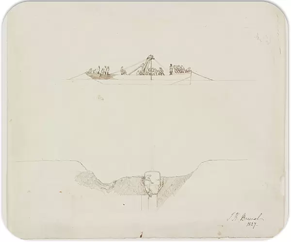 Isambard's descent in the diving bell, 1827 (pen-and-ink sketch on wove paper)