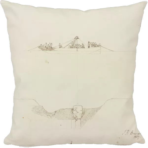 Isambard's descent in the diving bell, 1827 (pen-and-ink sketch on wove paper)