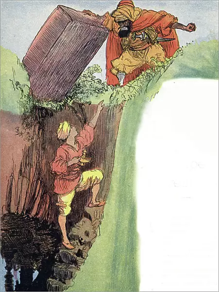 The Sorcerer traps Aladdin in the magic cave Illustration by Albert Robida (1848-1926) for the tale 'Aladin and the wonderful lamp' in 'The Arabian Nights', 1948 Collection privee