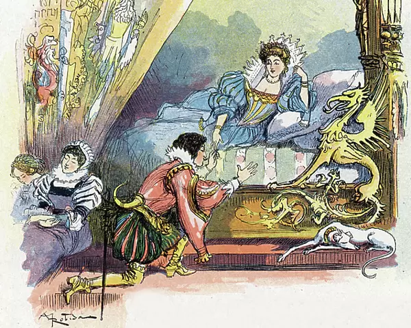 The Prince Reveals Sleeping Beauty Illustration by Robida for 'La belle au bois dormant', tale by Charles Perrault (1628-1703), French writer (Sleeping beauty, french fairytale) Private collection