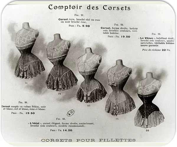 Advertisement for corsets and undergarments, from the Comptoir des Corsets c. 1900 (litho) (b / w photo)
