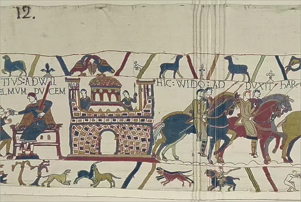 Count Guy takes Earl Harold to William, Duke of Normandy, Bayeux Tapestry (wool embroidery on linen)