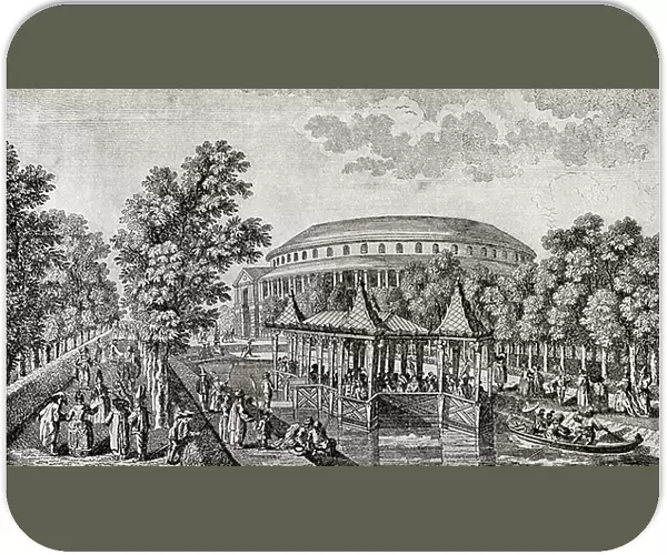 Ranelagh Gardens, Chelsea, London, England. The exterior of the Rotunda at Ranelagh Gardens, the 'Chinese House', and part of the grounds, after the engraving by Thomas Bowles, 1754. From The Story of England, published 1930