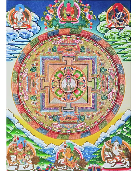 Mandala with one thousand arms Avalokiteshvara; the sacred, magical circle depicting the eleven headed Bodhisattva symbolising infinite compassion (gouache on cloth)