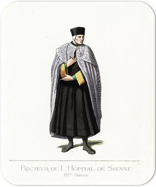 Costume of the Rector of the Hospital of Siena (Italy), 14th century - Rector of the hospital of Santa Maria della Scala, Siena, 14th century - He wears a black toque over a white cap, violet silk cape, black robe with yellow cuffs, green doublet