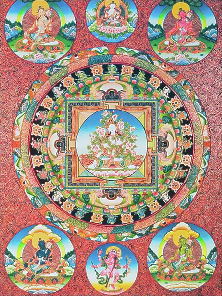 White Tara Mandala; the seven eyed female deity of the buddhist pantheon representing the goddess of compassion and the protector of human beings (gouache on cloth)