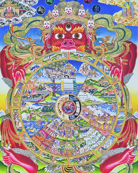Wheel of life Mandala, depicting the Kalachakra or deluded existence held in the mouth of Yama, the god of death representing birth, death and rebirth (gouache on cloth)