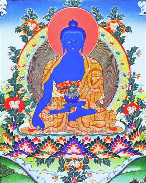 Image depicting the medicine Buddha, the supreme healer in monastic robes with a bowl containing the medicinal plant arura in the left hand (gouache on cloth)