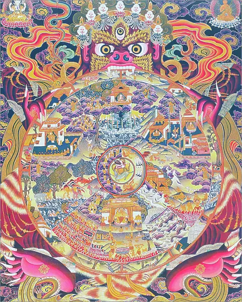 Image depicting the Wheel of life, depicting the Kalachakra or deluded existence held in the mouth of Yama, the god of death representing birth, death and rebirth (gouache on cloth)