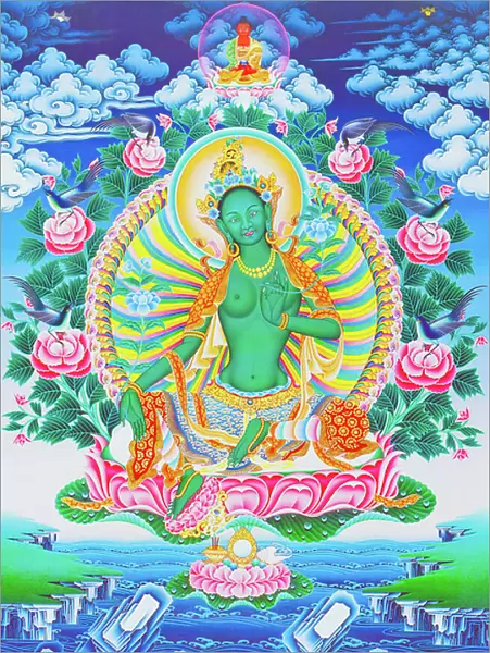 Image depicting the green Tara, the maternal protector from all dangers in the ocean of existence (gouache on cloth)