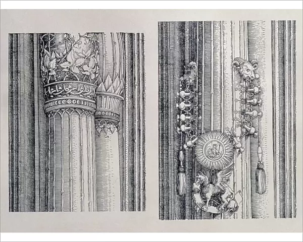 The Triumphal Arch of Emperor Maximilian I of Germany (1459-1519): two details of the central Gates of Honour and Power showing left-hand column and capital embellishments, dated 1515, pub. 1517 / 18 (woodcut)