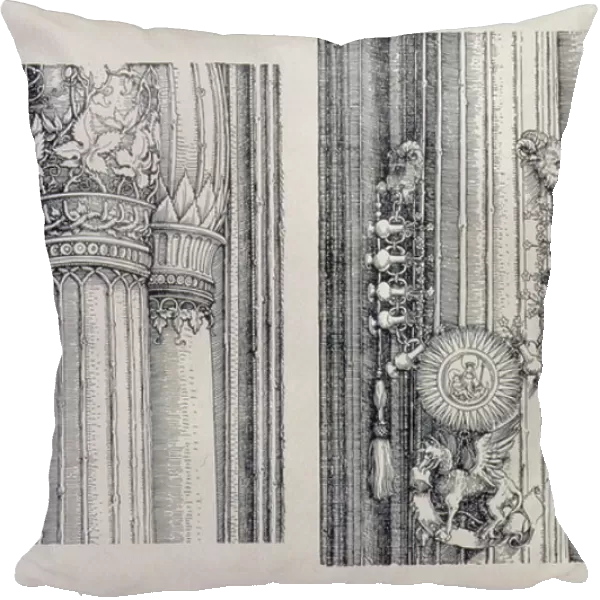 The Triumphal Arch of Emperor Maximilian I of Germany (1459-1519): two details of the central Gates of Honour and Power showing left-hand column and capital embellishments, dated 1515, pub. 1517 / 18 (woodcut)