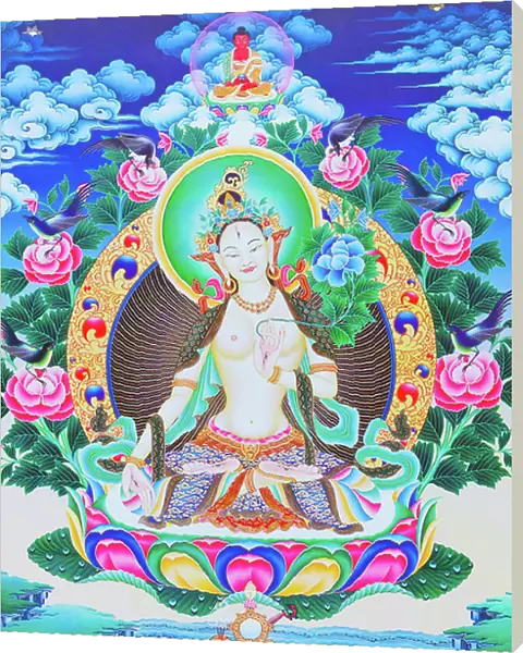 Image depicting the white Tara, the seven eyed divine mother seated on a lotus with her right hand in varada mudra position symbolising generosity (gouache on cloth)