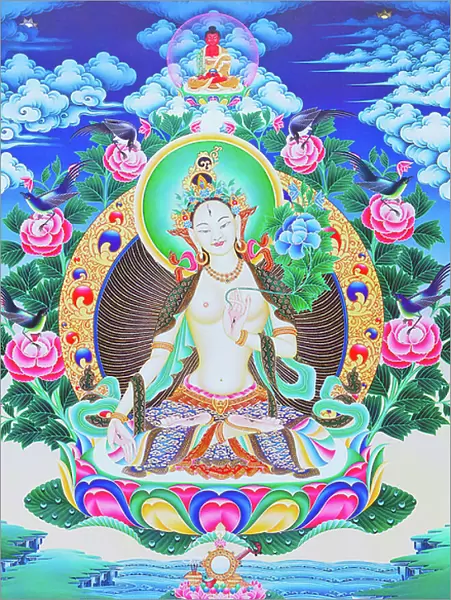 Image depicting the white Tara, the seven eyed divine mother seated on a lotus with her right hand in varada mudra position symbolising generosity (gouache on cloth)