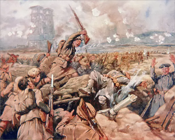 Charge of the Scottish regiments at Loos, 1915 (colour litho)