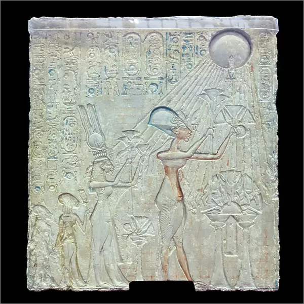 Stele discovered in Tell El-Amarna representing Akhenaten, 18th dynasty, polychrome limestone, Egyptian Museum, Cairo, Egypt (photo)
