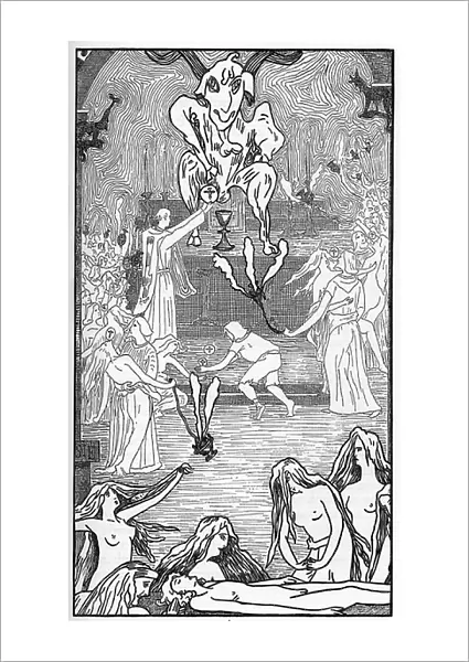 Representation of a black mass according to Ezechiel and Eugene Ventras (Black mass) Drawing by Henry de Malvost from 'Satanism and Magic' by Jules Bois 1895 Private collection
