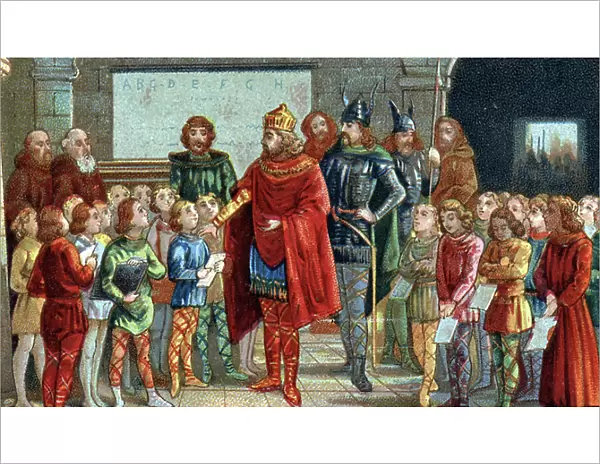 Emperor Charlemagne visiting a school, his interest in education and learning and patronage of scholars has caused him to be considered the patron of schools