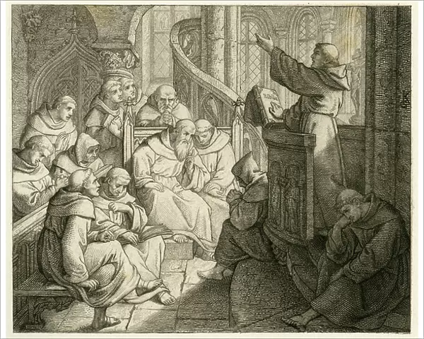 Martin Luther preaches in the monastery, in front of Staupitz, his fatherly friend, 1850s (engraving)