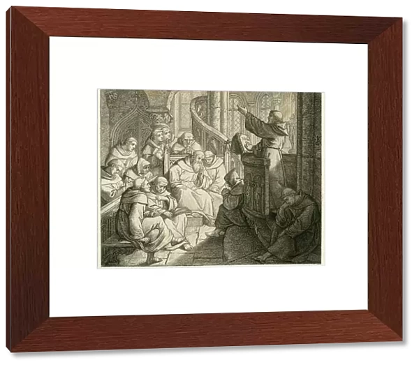 Martin Luther preaches in the monastery, in front of Staupitz, his fatherly friend, 1850s (engraving)