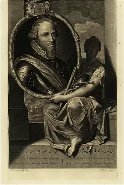 Maurice of Orange, Maurice, Prince of Orange. In lace ruff collar, suit of armour with sash. Vignette of battle. Copperplate engraving by Gerard Valck after Adriaen van der Werff from Isaac de Larrey's Histoire d'Angleterre