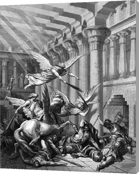 Heliodorus, attempting to take treasure from Temple at Jerusalem, is attacked by terrible horse and his rider, while angels attack his bodyguard. 2 Maccabees 3. Plate from Gustave Dore's Bible 1865-1866. Anger of God. Wood engraving