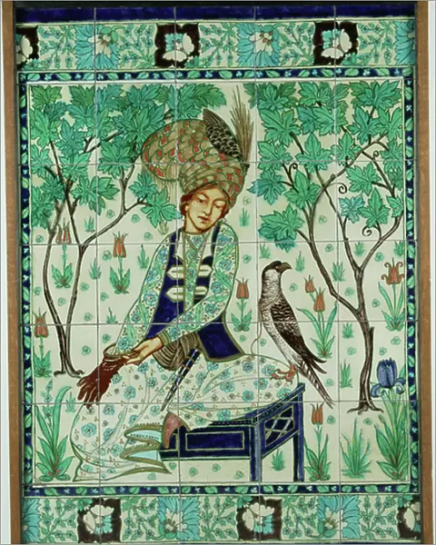 Persian falconer tile panel, Pilkington's Tiles Group Plc, c. 1910 (slip-coated earthenware)