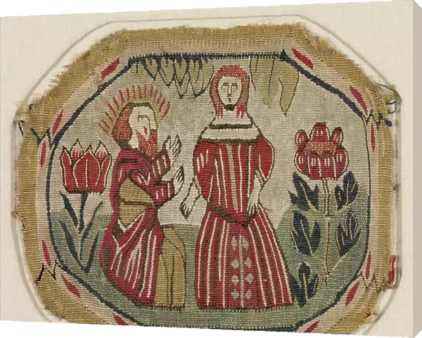 Octagonal fragment of tapestry depicting woman and bearded, kneeling man between large flowers (wool)