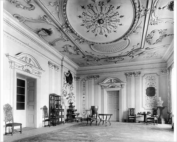 The entrance hall, Sutton Scarsdale, Derbyshire, from England's Lost Houses by Giles Worsley (1961-2006) published 2002 (b / w photo)