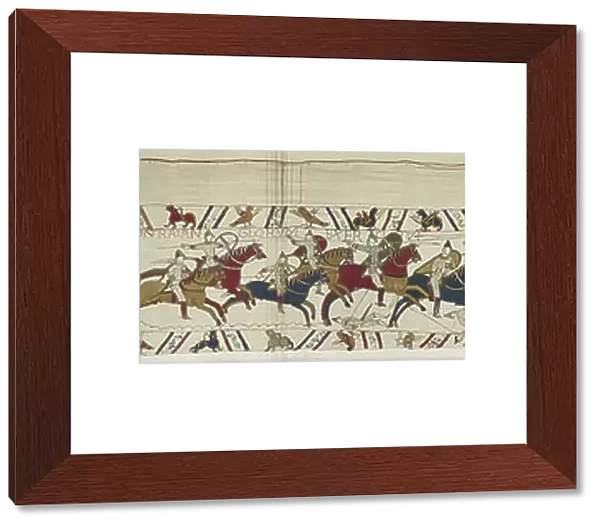 The Norman cavalry attacks the English shield-wall and battle is joined, 1070 (wool embroidery on linen)